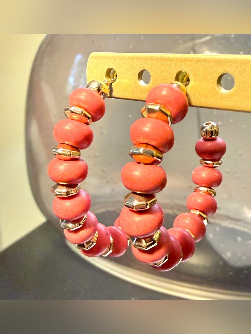 Pink Wood Beaded Gold Tone Hoop Earrings